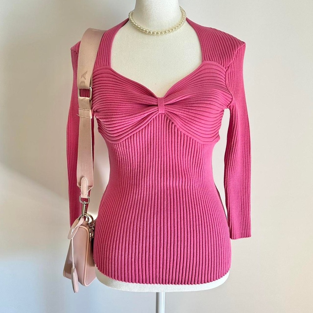August silk dolly pink bow style 3/4 sleeve vintage 2000’s top without flaws 💕